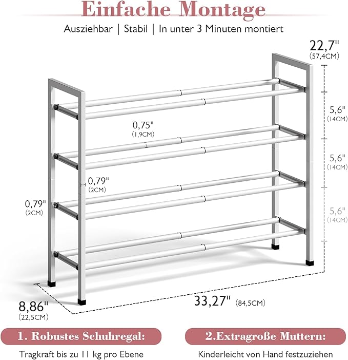 Bumusty 4-Tier Expandable Shoe Rack for Closet, 18“-33” Adjustable Shoe Rack for Small Space, Small Shoe Organizer for Front 