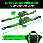 Rhino USA Retractable Ratchet Straps (4-Pack) - 2 Inch x 10 Feet (3,033lb Break Strength) - Heavy Duty Auto Self Retracting Tie Down Straps for Truck, Cargo Trailer, Motorcycle, Rad & More - Green