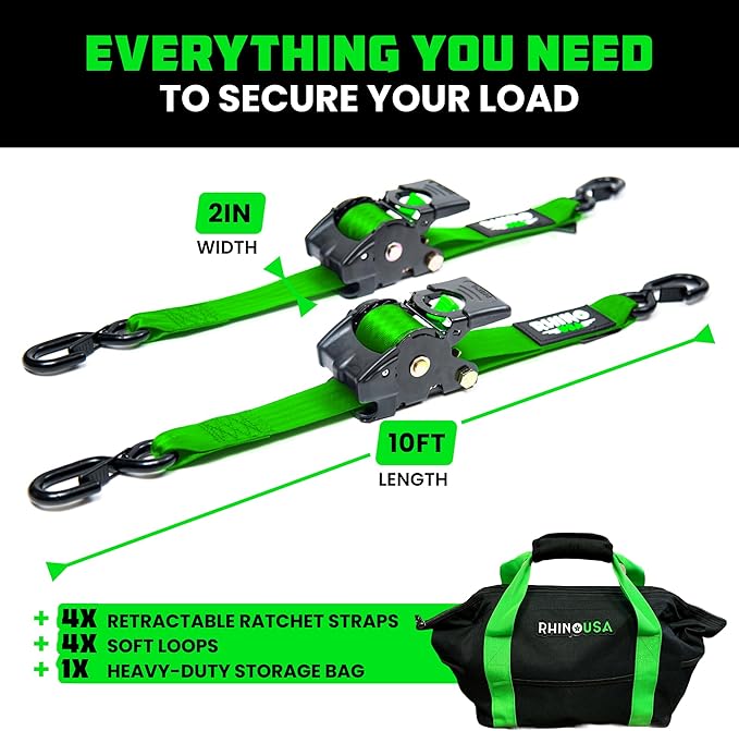 Rhino USA Retractable Ratchet Straps (4-Pack) - 2 Inch x 10 Feet (3,033lb Break Strength) - Heavy Duty Auto Self Retracting Tie Down Straps for Truck, Cargo Trailer, Motorcycle, Rad & More - Green