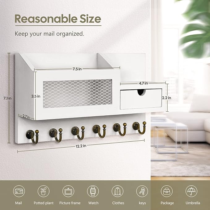 FifthQuarter Key and Mail Holder for Wall, Mail Organizer Wall Mount with 6 Hooks and Storage Drawer, Easy Installation Key R