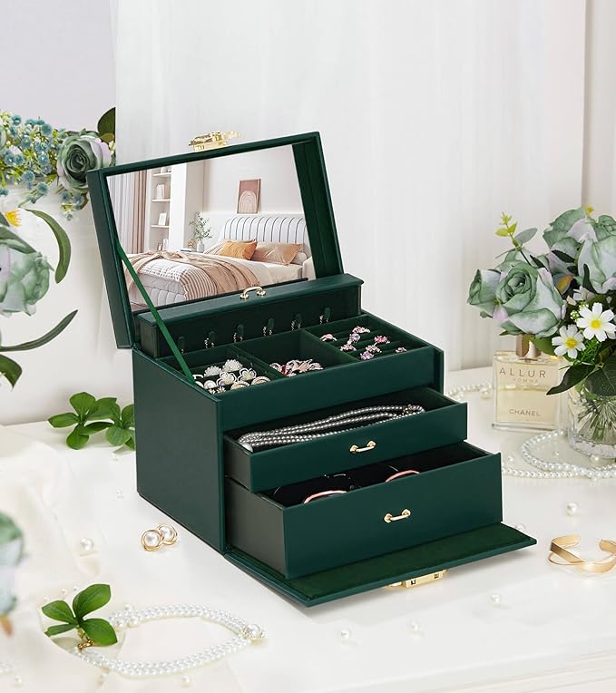 Enthralite Jewelry Box with Lock for Girls: Jewelry Organizer for Dresser - 3-Drawer Earrings Storage Girls Women Gift (Dark 