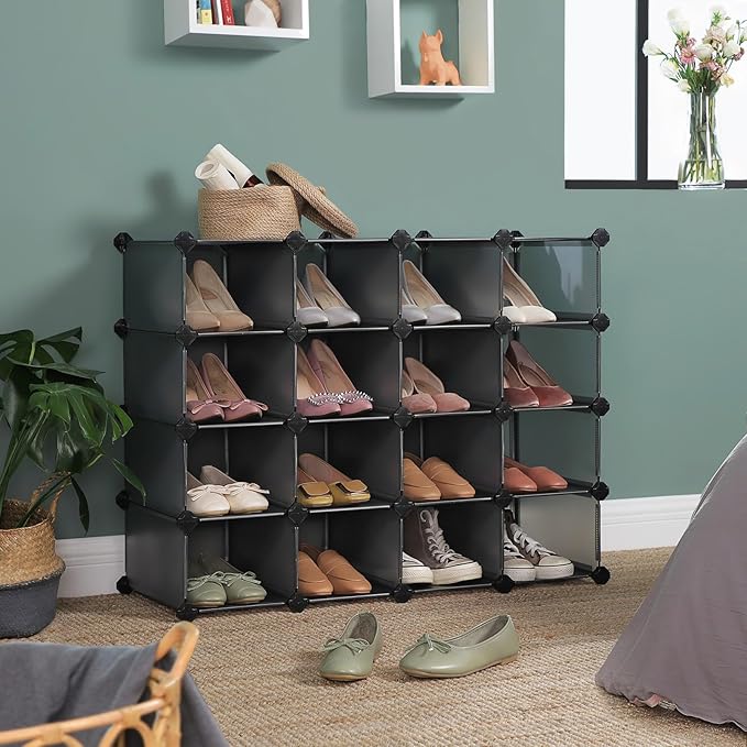 SONGMICS Shoe Rack with 16 Cubes, Interlocking Plastic Shoe Organizer, DIY Storage Cabinet for Closet Entryway Bedroom Garage