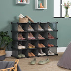 SONGMICS Shoe Rack with 16 Cubes, Interlocking Plastic Shoe Organizer, DIY Storage Cabinet for Closet Entryway Bedroom Garage