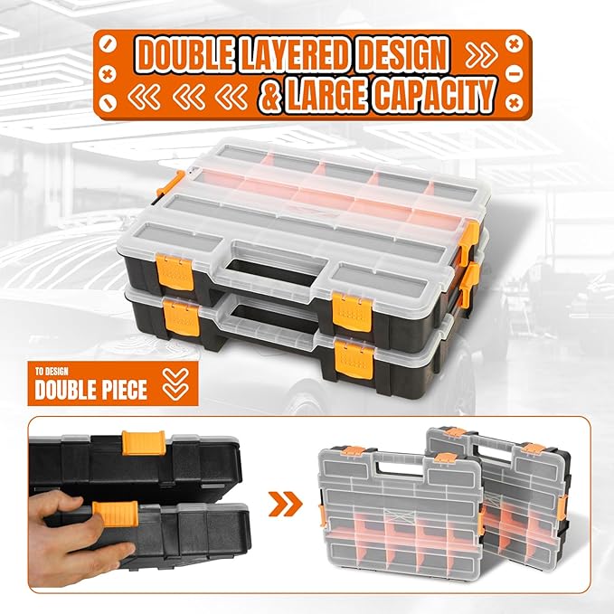 Jack Boss Tool Box with Transparent Lid, Single Side 17-Compartments Organizer Box with Removable Dividers for Hardware, Scre