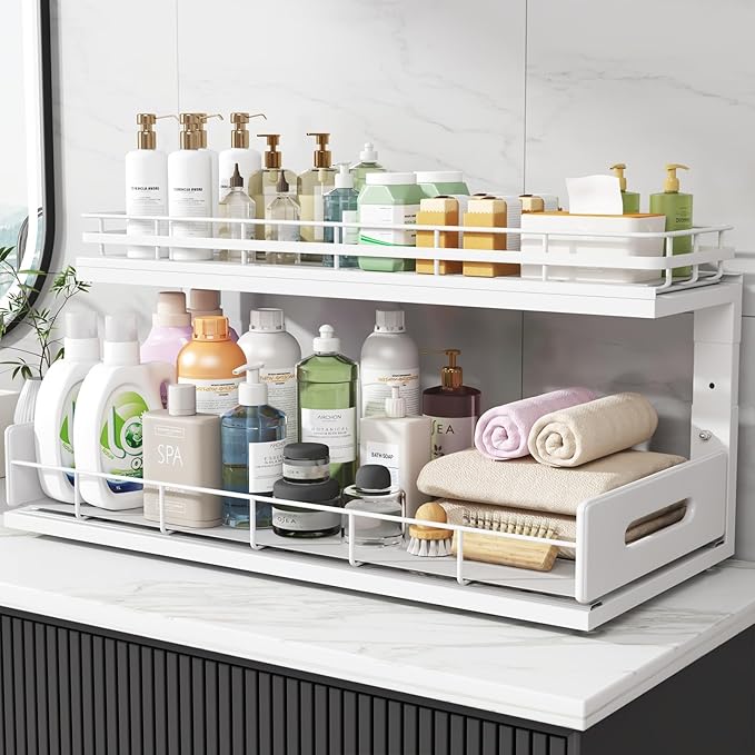 Under Sink Organizer Upgrade To Professional Rails,2-Tier Dual Pull Out Cabinet Storage,Height Adjustable Slide Out Drawers F