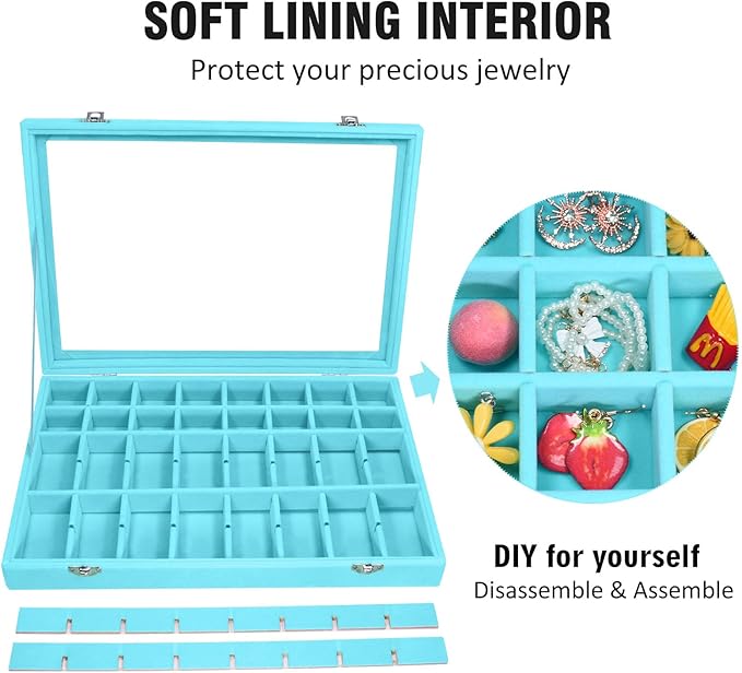 Vicoter Velvet Jewelry Tray 48 Compartments Jewelry Display Organizer with Transparent Cover Rings, Earrings, Necklaces, Pend