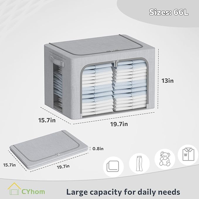 CYhom Clothes Storage Bins Box - Foldable Stackable Container Organizer Set with Clear Window & Carry Handles & Metal Frame -
