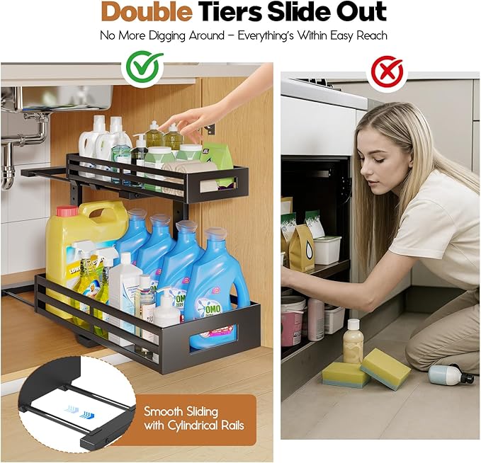 2-Pack 17"Deep Under Sink Organizer And Storage, 2-Tier L-Shaped Pull Out Cabinet Organizer with Upgraded Slide Rails, Height