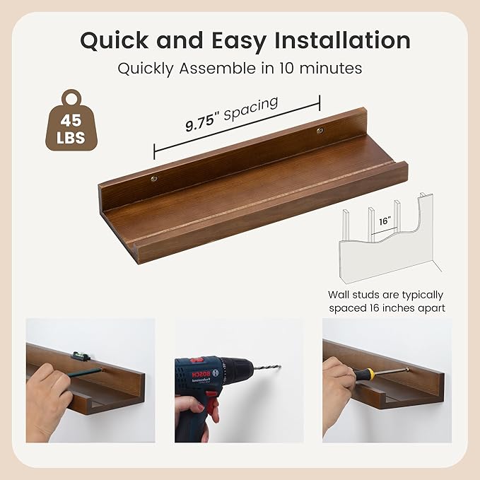Pine Wood Rustic Floating Ledge Shelves Set of 3, 16 inches Width - Solid Pine, Walnut Finish - Kids' Room to Living Room Wal