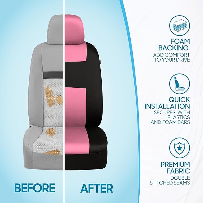 BDK PolyPro Car Seat Covers Full Set in Pink on Black – Front and Rear Split Bench Seat Covers for Cars, Easy to Install Car 