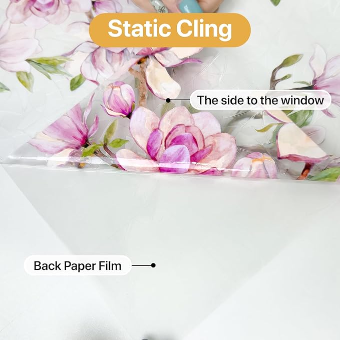 Pink Magnolia Window Privacy Film Rainbow Film Decorative, 3D Static Stained Glass Window Cling for Glass Door Room Wedding Valentines Stickers, 16.9" x 39.4"