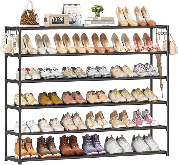 LUKYTOWER Extra Long Shoe Rack 6 Tier 39Pairs, Shoe Storage Organizer with 2 Hooks, Wide Stackable Shoe Organizer Racks for C