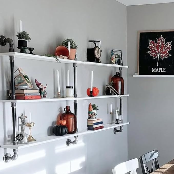 Industrial Pipe Shelving Rustic White Pipe Wall Shelves Industrial Shelves with Wood Planks Floating Shelves 60 Inch Farmhous
