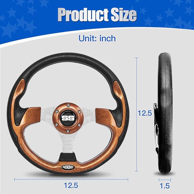 NOKINS 12.5" Universal Golf Cart Steering Wheel, Fit EZGO TXT/RXV/Club Car DS/Precedent/Yamaha, Most Golf Carts (Wood)