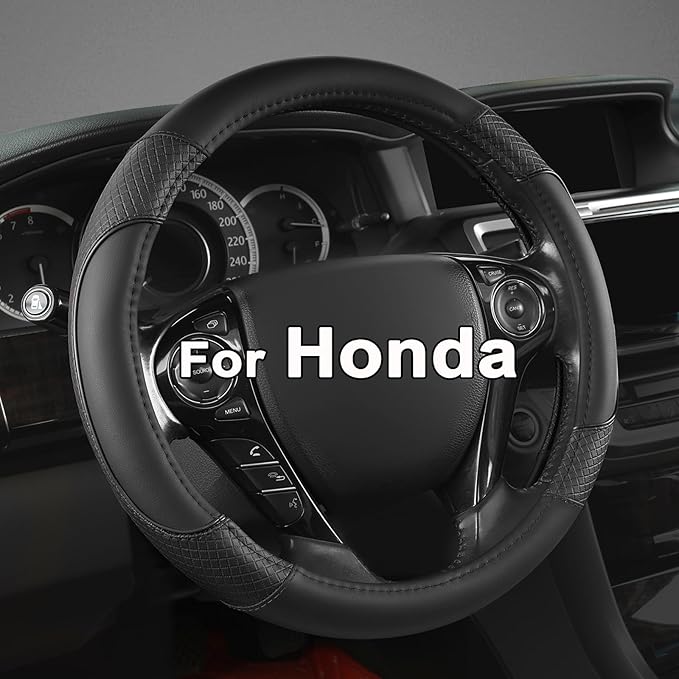 GIANT PANDA Microfiber Leather Steering Wheel Cover for Honda Accord,Civic,CR-V,HR-V,Pilot(Diamond-Pattern-Black-Standard Siz