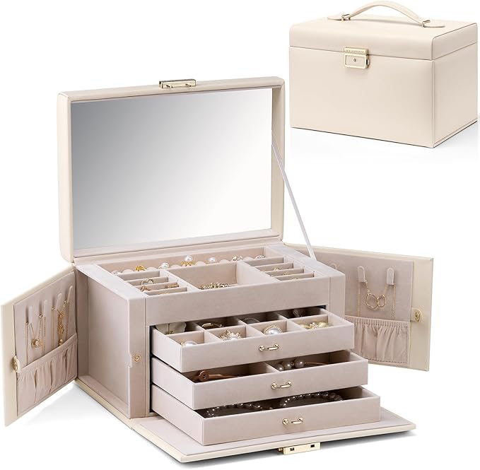 Vlando Jewelry Box for Mothers Day Teacher Appreciation Gifts, 4-Tier Jewelry Organizer with Lock, Mirror Jewelry Box for Ear