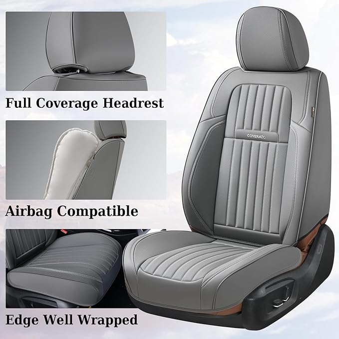 Coverado Car Seat Covers Full Set, Seat Covers for Cars,Gray Car Seat Cover, Waterproof Car Seat Protector, 5 Pieces Nappa Ca
