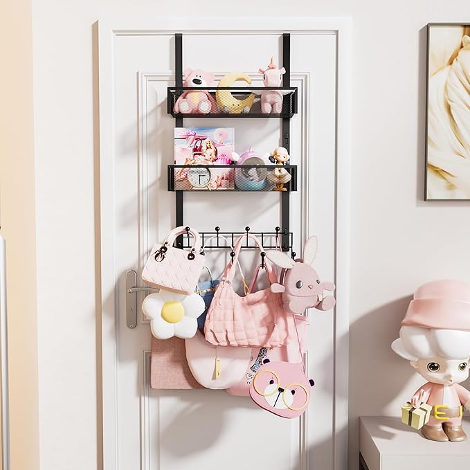 HapiRm Over The Door Hanger with Coat Hooks and 2 Baskets, Rustproof & Waterproof Over The Door Hooks, Storage Organizer for 