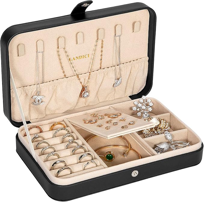 LANDICI Small Jewelry Box for Women Girls, PU Leather Travel Jewelry Case, Portable Jewelry Organizer Storage Holder Display 