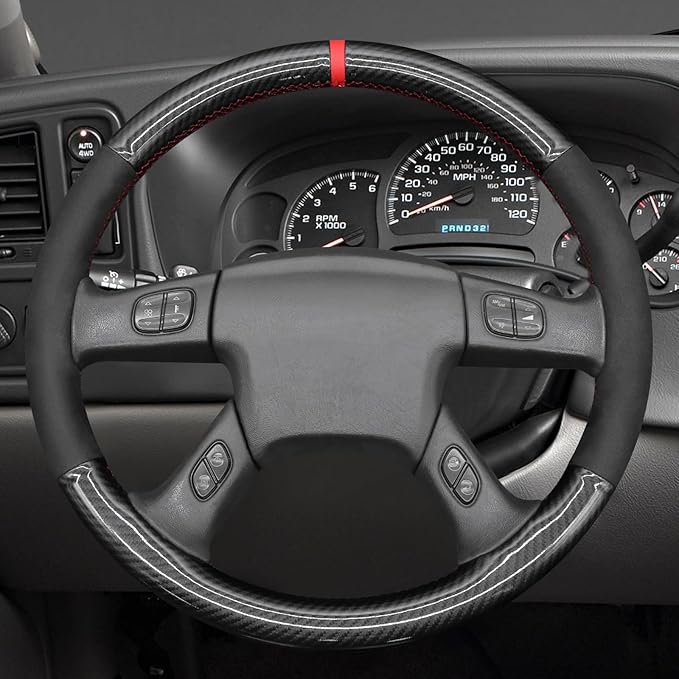 MEWANT Hand Stitched Steering Wheel Cover for Chevy Silverado 1500 2003-2006 Glossy PU Carbon Fiber Suede Steering Wrap