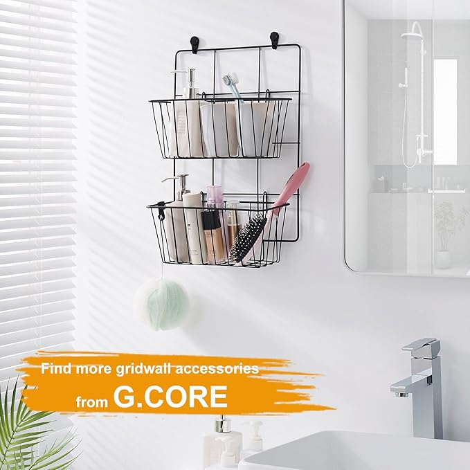 4 Pack Large Grid Wall Baskets with S-Hook - Gridwall Accessories Set Black Metal Hanging Shelf Basket Bins Organizer - Modul
