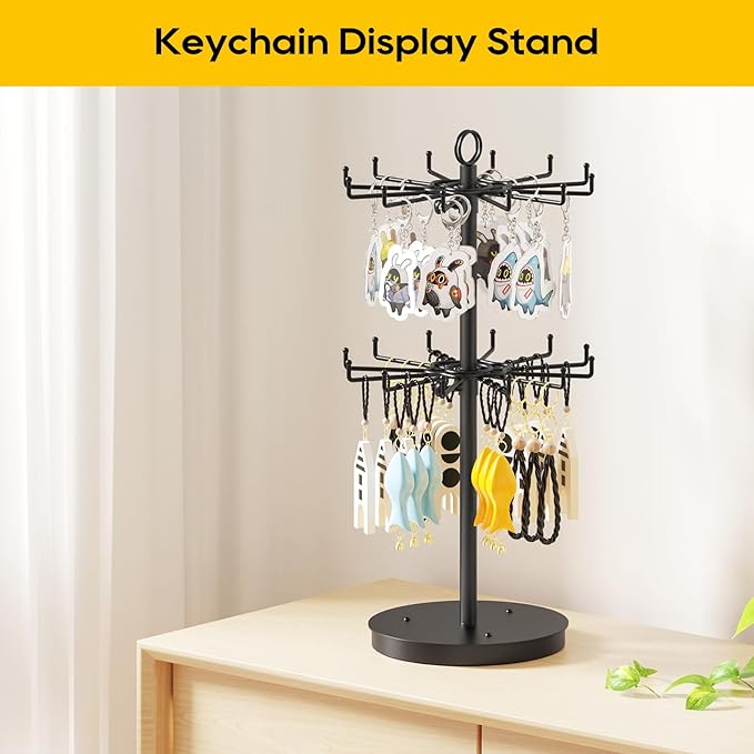 ORLESS 2 Tier Rotating Jewelry Display Stand, Keychain Display Stand with 24 Hooks, Black Metal Retail Display Spinning Holde