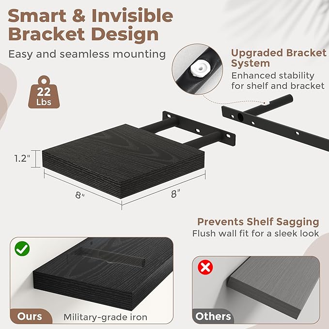 8 Inch Square Floating Shelves for Wall 3 Pack, 8"D Wood Grain Bathroom Shelves with Invisible Brackets, Easy Install Enginee
