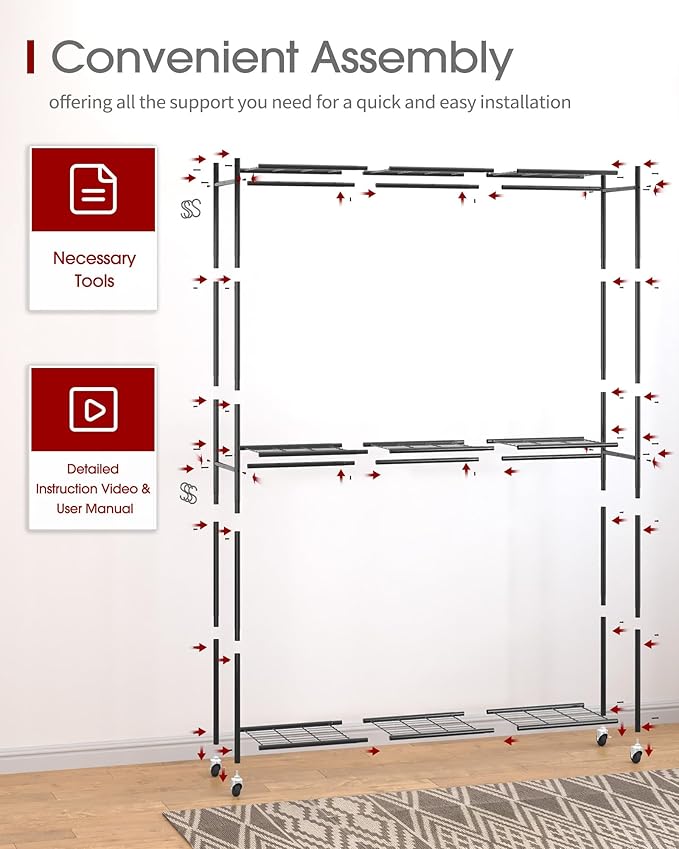 Sakugi Clothes Rack - 45.2" x 12.2" x 79.5" Clothing Rack with Shelves & Wheels, Multi-Functional Wardrobe Closet with Hooks,