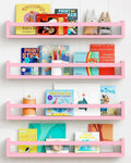 Forbena Large Pink Kids Book Shelves for Girls Room Wall Set of 4, Floating Nursery Book Shelf for Baby Girl Deocr, 24 Inches