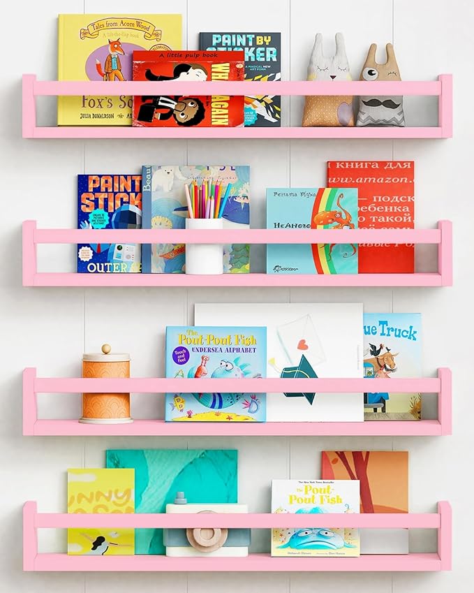 Forbena Large Pink Kids Book Shelves for Girls Room Wall Set of 4, Floating Nursery Book Shelf for Baby Girl Deocr, 24 Inches