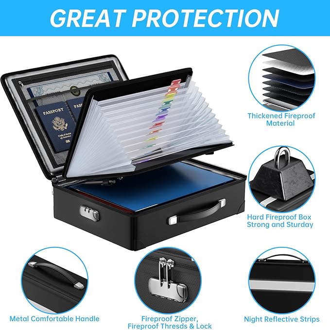 Fireproof Document Box with lock, File Organizer with Fireproof Zipper, Hard Shell Fireproof & Waterproof Storage box, Portab