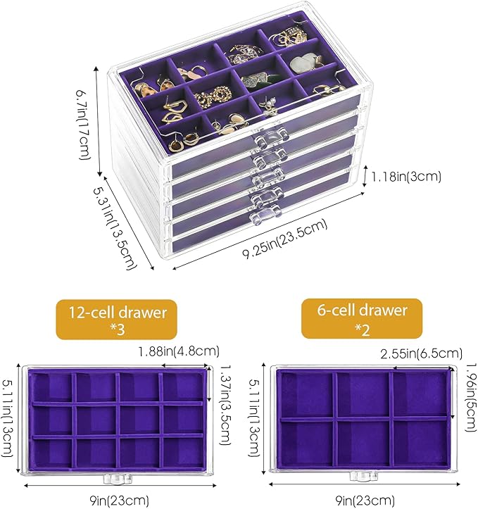 ProCase Earring Holder Organizer Jewelry Box with 5 Drawers, Acrylic Clear Earring Case with Adjustable Velvet Trays for Wome