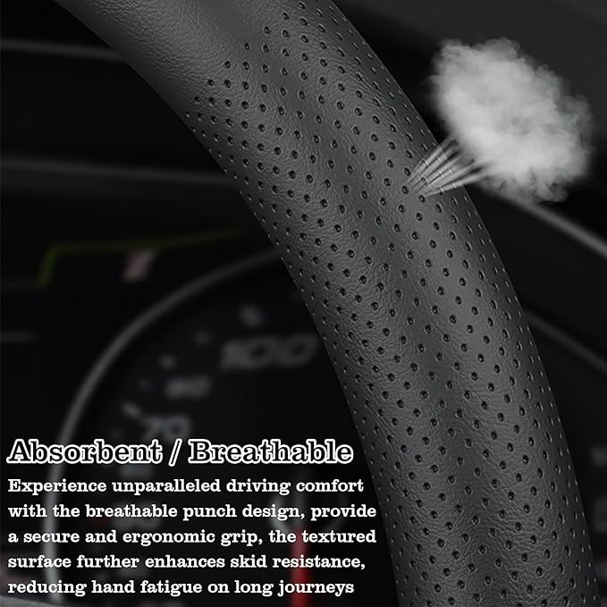 Black Tesla Nappa Leather Steering Wheel Cover, Model 3/Y Accessories, Comfort Grip, Anti-Slip Breathable, Compatible with Te