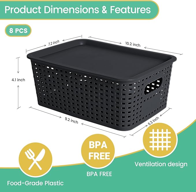 Plastic Storage Baskets with Lid-Plastic Storage Containers Stackable Storage bins: Storage Baskets for Organizing Shelves Dr