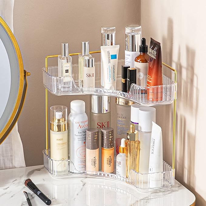 shuang qing 2-Tier Corner Bathroom Counter Organizer – Classic Storage Shelf for Makeup, Perfume & Toiletries, Space-Saving C