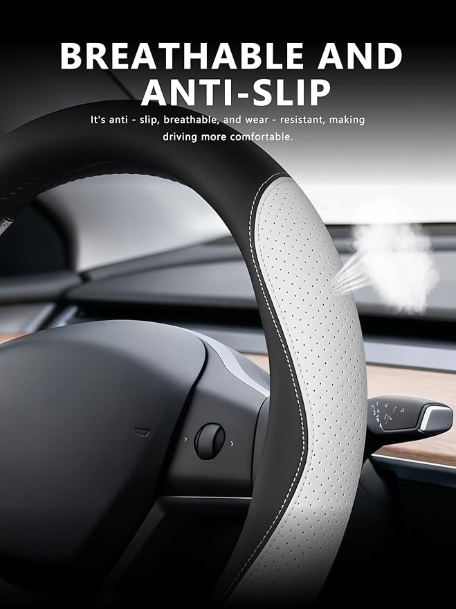 Custom Fit for Tesla Steering Wheel Cover Model 3 (2017-2026) & Model Y (2020-2026), Leather Designed for Tesla Highland/Juni