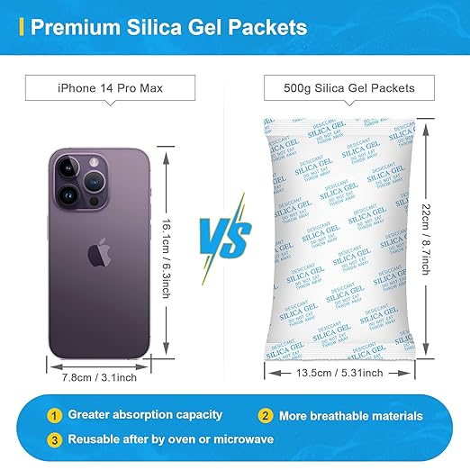 Large Desiccant Packs, 500 Gram 10 Packs Silica Gel Packets for Moisture Control, Silica Gel Car Dehumidifier by Reusable, La