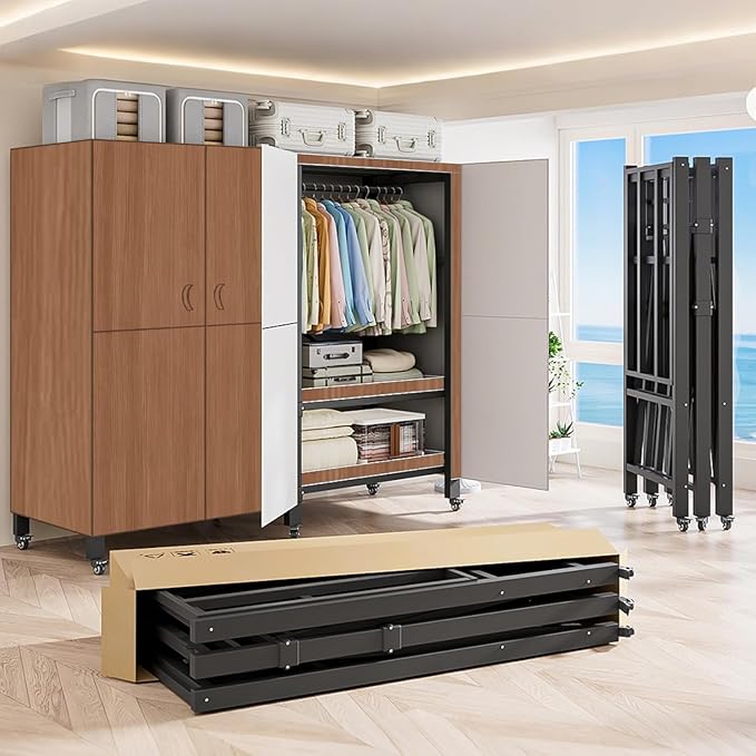 Heavy Duty Covered Clothes Rack with Magnetic Door Foldable Portable Wardrobe Closet for Hanging Clothing Rolling Black Metal