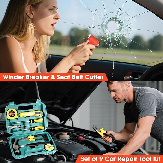 Car Emergency Roadside Tool Kit with Jumper Cable Shovel,Auto Truck Vehicle Assistant Safety Kit Bag for Men Women with First