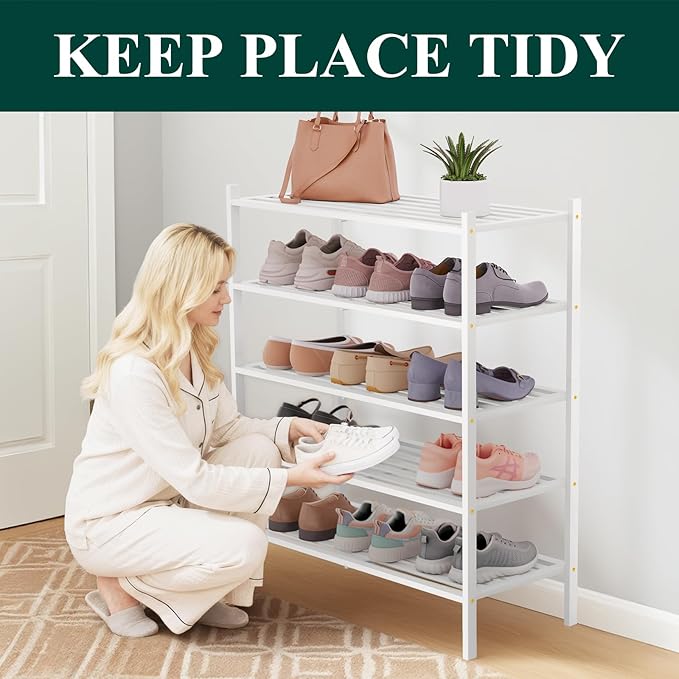 Smiry Bamboo Shoe Rack 5-Tier, Stackable Wooden Shoe Organizer for Entryway & Closet, Free Standing Wood Shoe Storage Shelf f