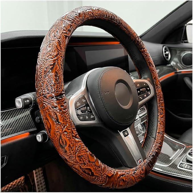 Leather Car Steering Wheel Cover, 15 Inch Anti-Slip Crocodile Pattern Steering Wheel Wrap with Rose Grain, Comfortable Grip W