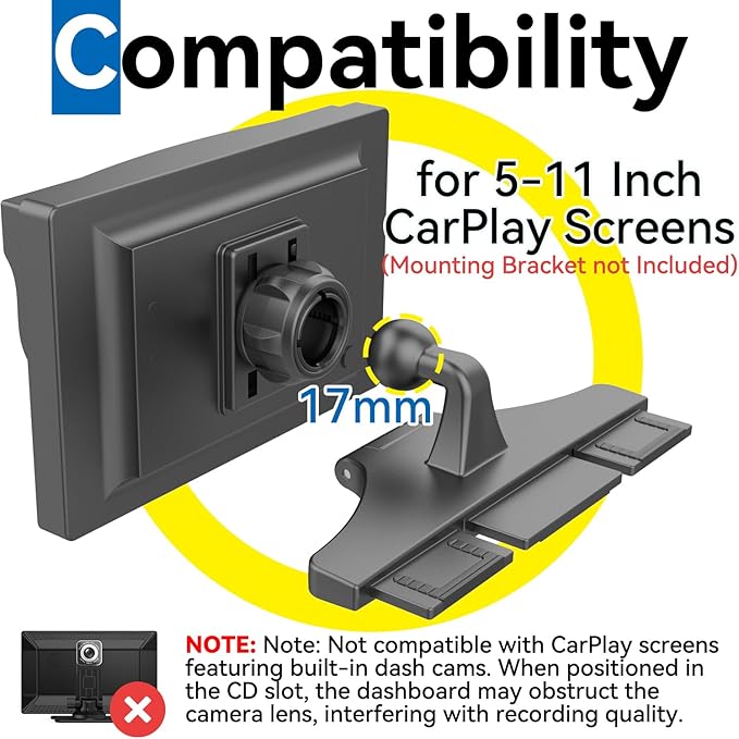 CD Slot Car Mount for Portable CarPlay Screens, Adjustable Angles, Low Profile and Sleek, Integrated Mounting Solution for in-Car Android Display Monitors (No Bracket Mount)