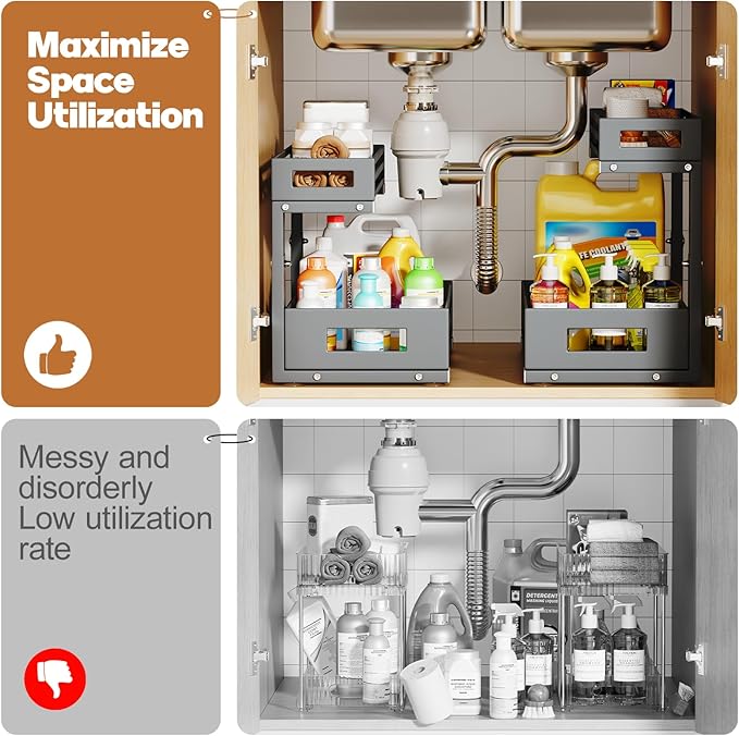 1-Pack Under Sink Organizers and Storage,2-Tier L Shape Pull Out Cabinet Organizer With Round Tube Slide Rails,Hight Adjustab