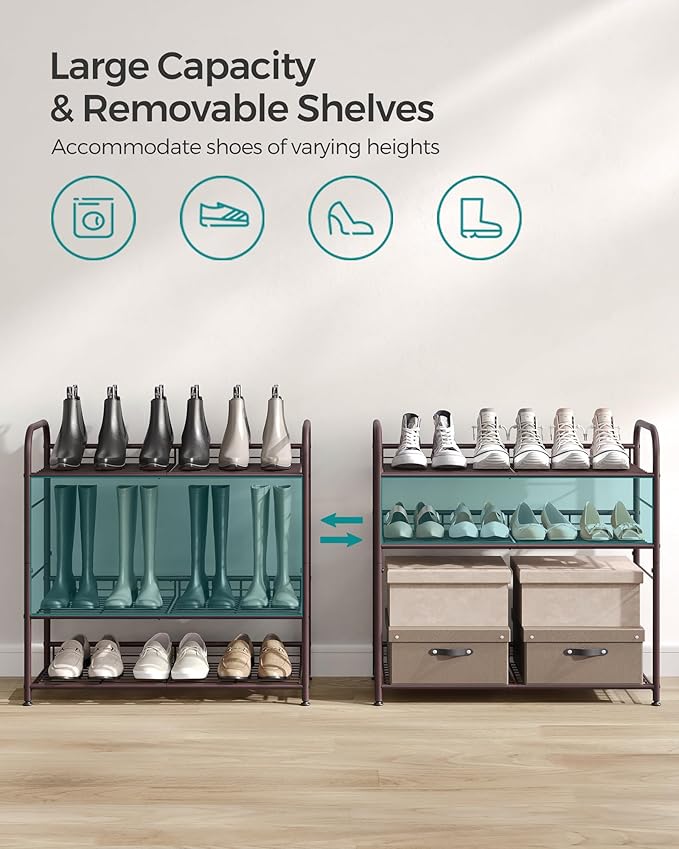 SONGMICS Stackable Shoe Rack, 4 Tier Metal Shoes Rack Storage Shelf, Holds up to 16 Pairs Shoes, Adjustable Slanted Shelves T