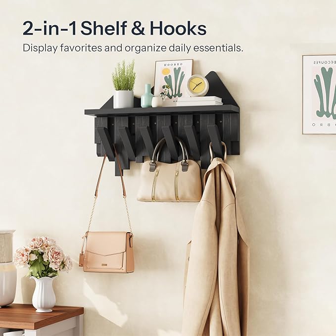 HOOBRO Wall Hooks with Shelf, Coat Rack with Shelf Wall-Mounted, Entryway Wall Key Holder, Hat Rack for Walls, Purse Hanger f