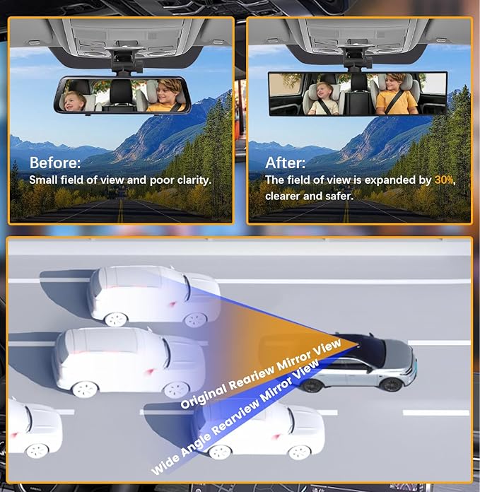 Rear View Mirror, Chrome Anti-glare Panoramic Rear Mirrors Universal 12 Inch Convex Car Interior Clip on Extra Big Wide Angle Rearview Mirror Extender to Reduce Blind Spot for Car SUV Trucks