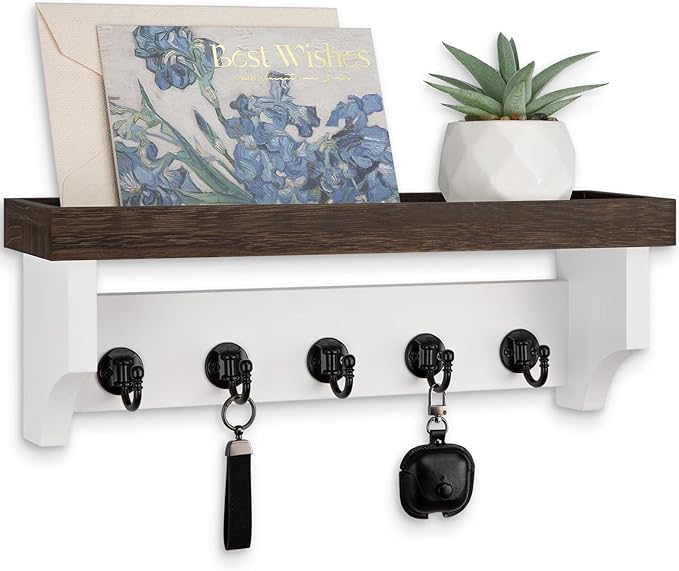 Key and Mail Holder Wall Mount, Key Holder with Shelf and Mail Organizer Wall Mount. Mail Holder with 5 Hooks for Coat, Dog L