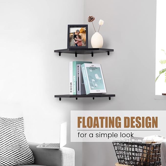 Fun Memories Corner Shelf Wall Mount, Floating Corner Shelves, Set of 4 Corner Wall Shelf Organizer, Rustic Wood Wall Storage