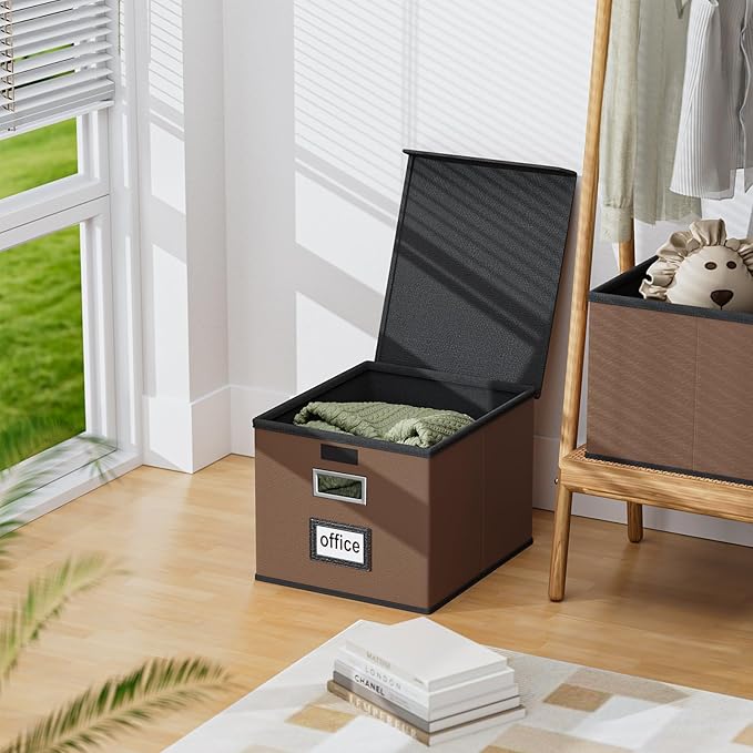 Huolewa File Organizer Boxes with Lids, Collapsible Faux Leather Hanging File Folder Box Organizer with Plastic Slide, Decora