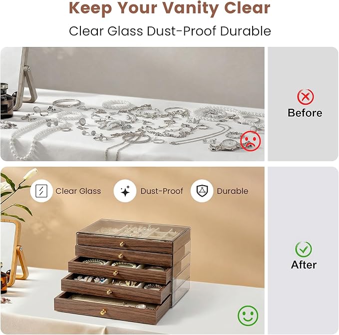 Wooden Jewelry Box for Women, 5-Layer Jewelry Organizers and Storage with 5 Drawers & Velvet Trays, Large Earring Holder, Nec